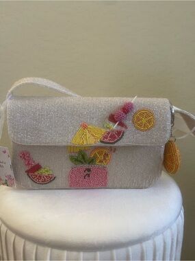 Beaded White Shoulder Bag with Pink and Yellow Citrus Embellishments